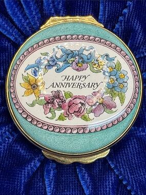 Vintage Halcyon Days Enamel Happy Anniversary Trinket Box
